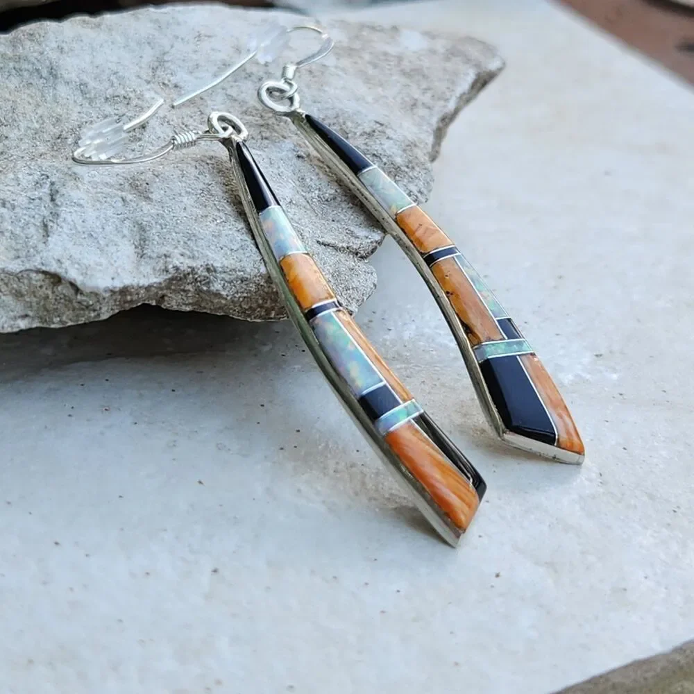 Shirley Martinez signed Navajo inlay earrings Jet Spiny Oyster Created Opal